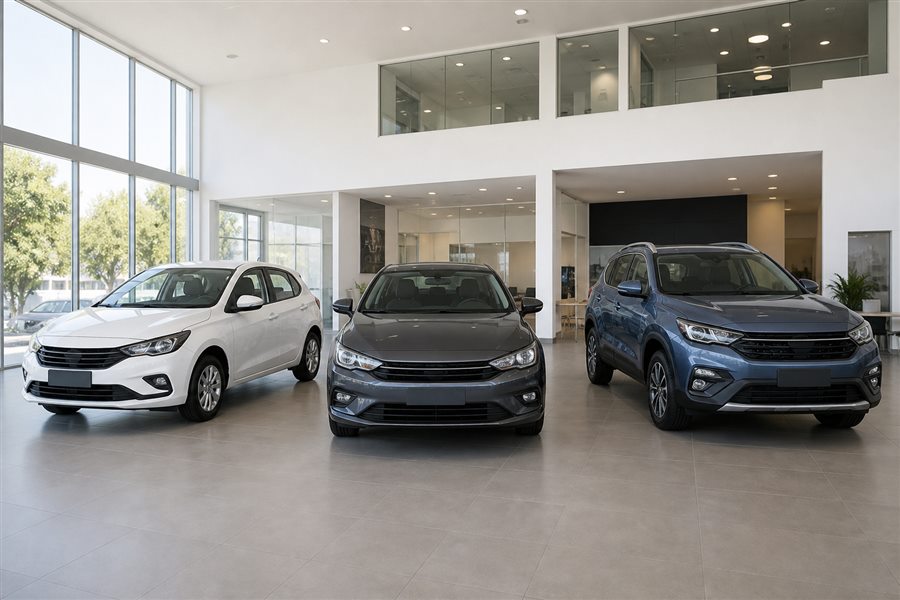 Diferentes modelos de carros em uma concessionária